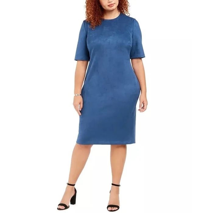 Anne Klein Women's Plus Size Faux-Suede Sheath Dress Blue