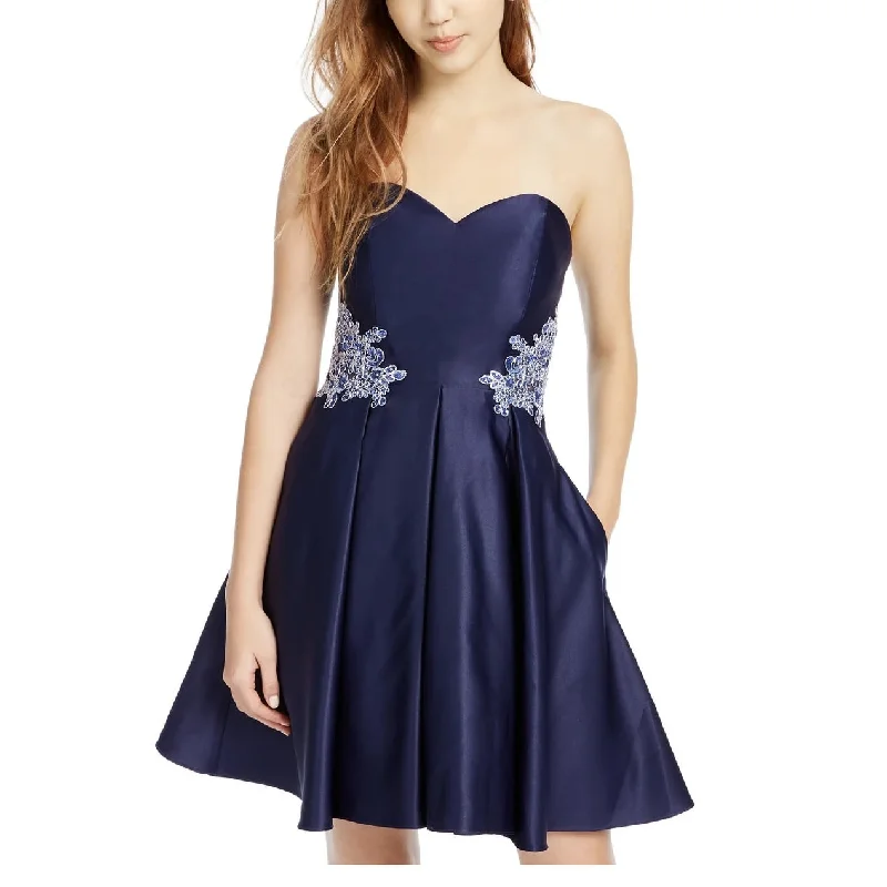 Blondie Nites Junior's Floral Applique Strapless Fit & Flare Dress Blue Size 9