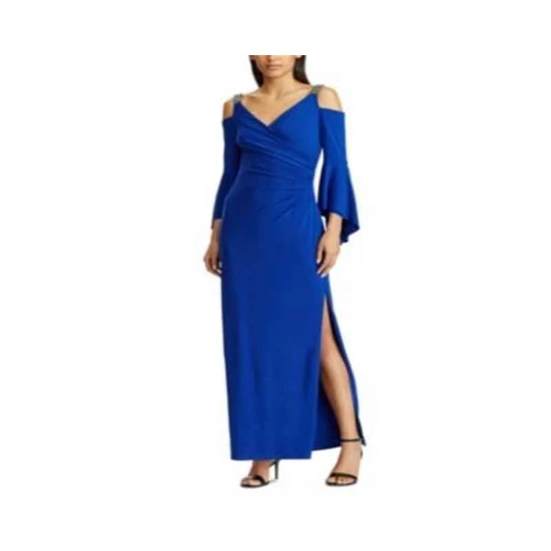 Ralph Lauren Women's Special Occasion Dresses Ruffle Sleeve Cold Shoulder Gown Blue Size 16