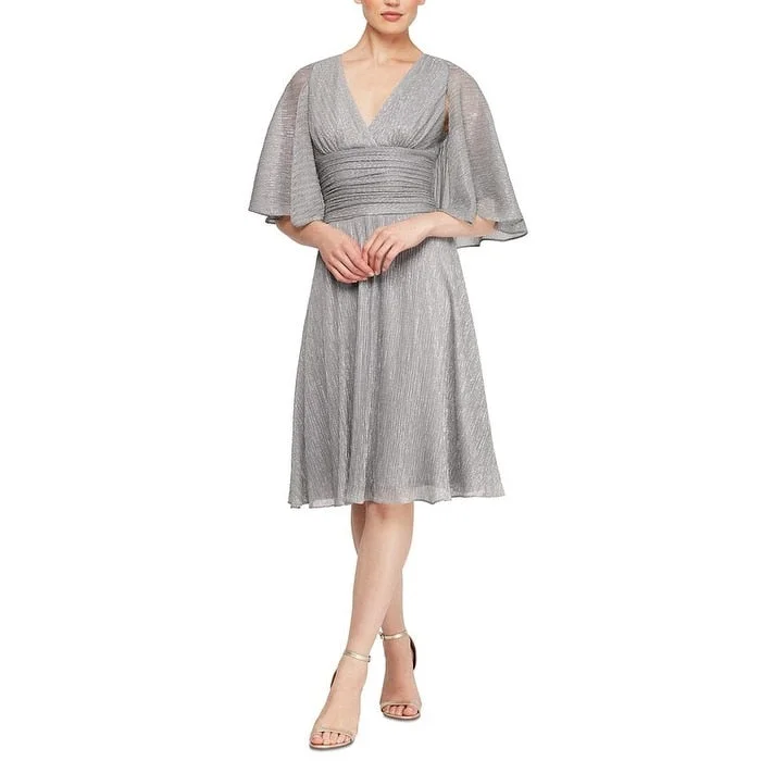 SL Fashions Women's Bell Sleeve V Neck Knee Length Sheath Wear to Work Dress Silver Size 6