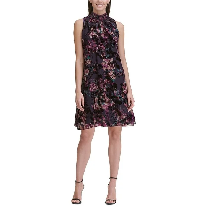 Tommy Hilfiger Women's Mock Neck Floral Chiffon Dress Purple Size 18