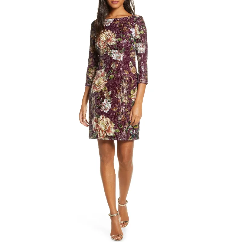 Vince Camuto Women's Sequined Floral Shift Dress Wine Floral Size 10