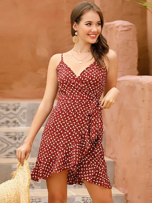 KittenAlarm - Ditsy Floral Print ruffled hem Knot Side Wrap A-line Cami Dress Polka