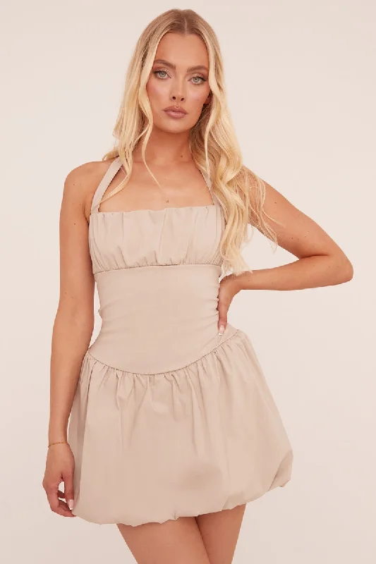 Beige Ruched Halter Neck Puffball Mini Dress - Anessa