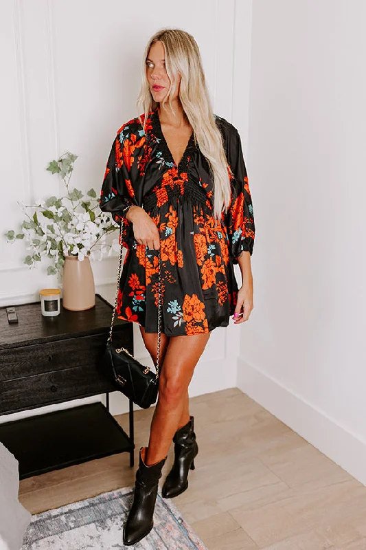 Botanical Bliss Satin Mini Dress in Black