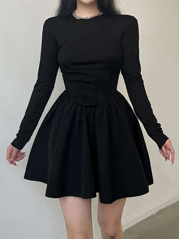 Corset Detail Black Long Sleeve Mini Dress