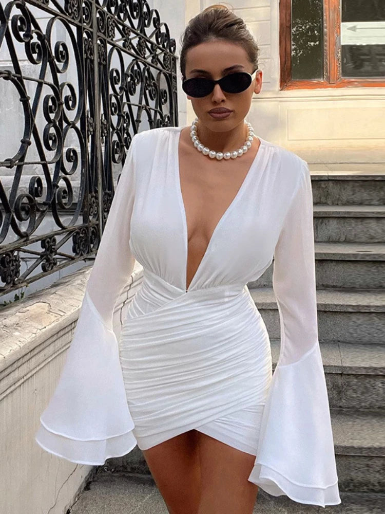 Deep V Neck Bodycon Folds Splice High Waist Party Mini Dress