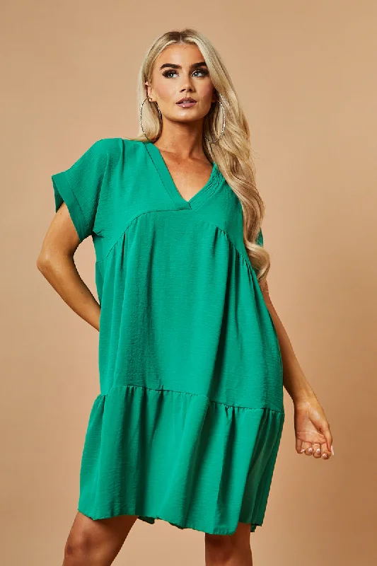 Green V-Neck Tiered Frill Mini Dress - Kate