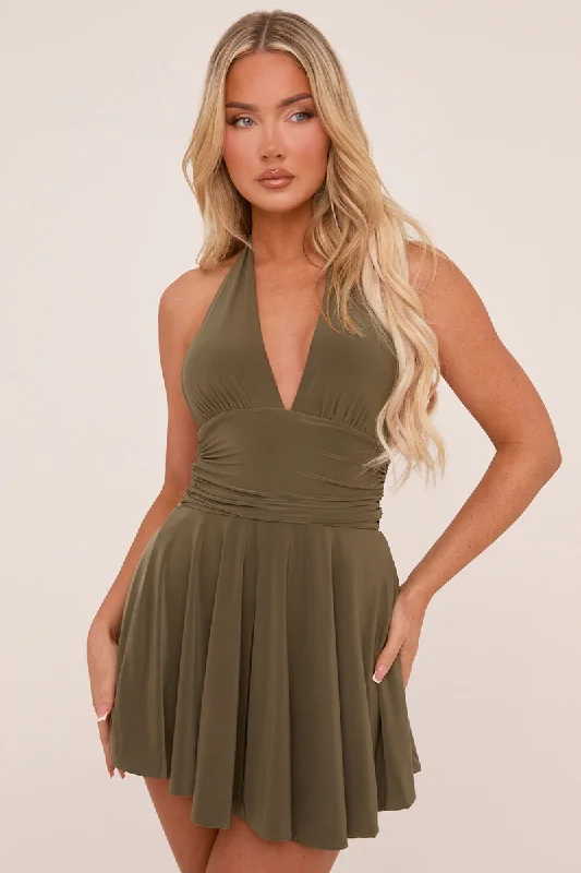 Khaki Halter Plunge Neck Mini Dress - Pippa