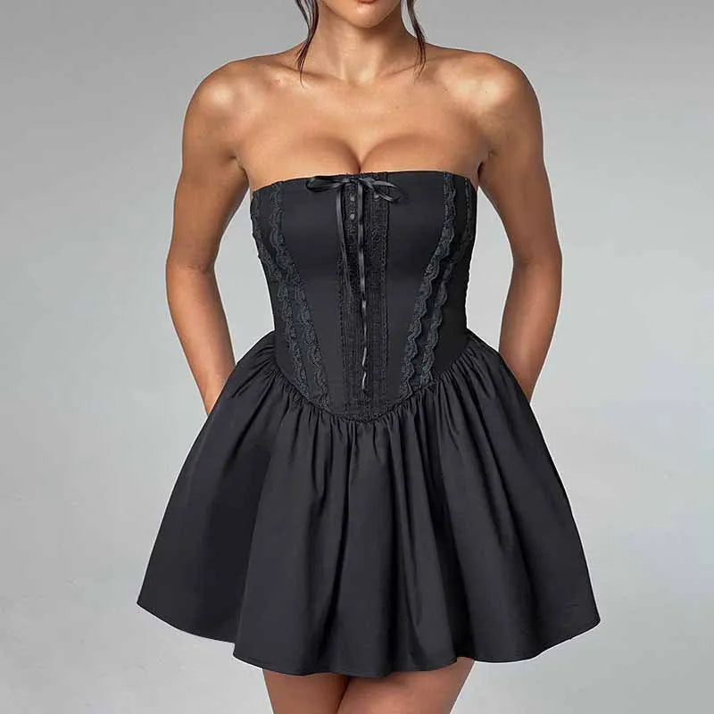 Lace Strapless Backless Bow Lace Up Sleeveless Solid Evening Mini Dress