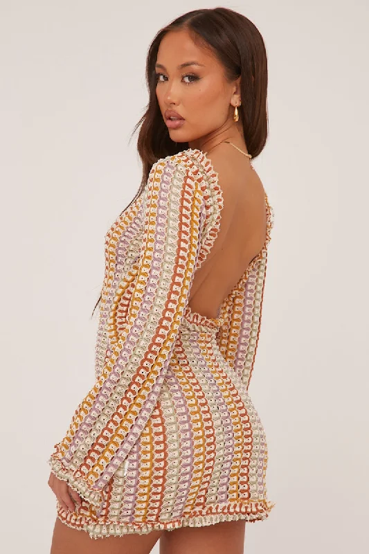 Multi Knit Abstract Pattern Backless Mini Dress - Kerina