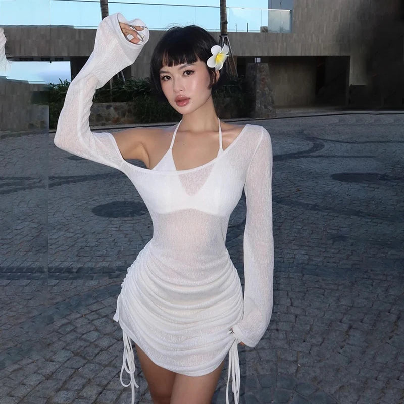 Off-Shoulder See-Through Drawstring Long Sleeve Club Mini Dress