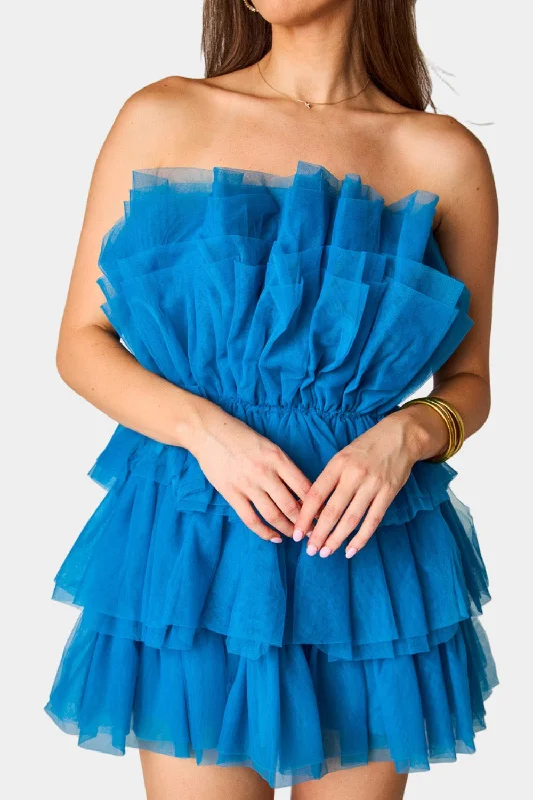 Powder Puff Strapless Tulle Mini Dress - Indigo