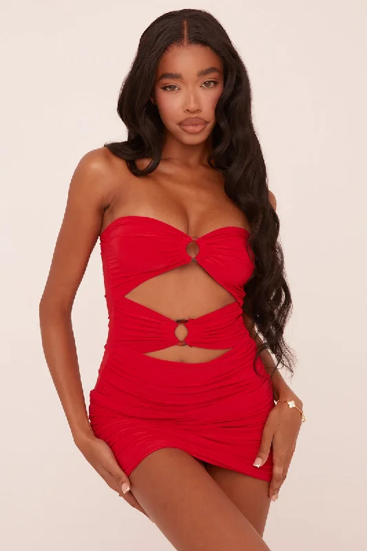 Red Ring Detail Bandeau Ruched Bodycon Mini Dress - Tefta