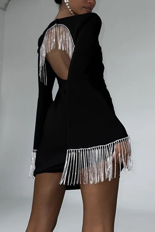 Rhinestone Fringe Backless Mini Dress