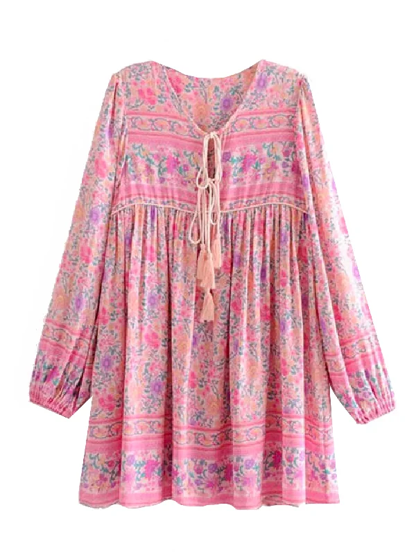 'Sherry' Bohemian Print Pink Tassel Dress