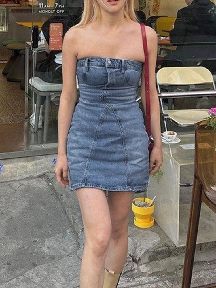 Slim Denim Bodycon Sleeveless Casual Backless Mini Dress