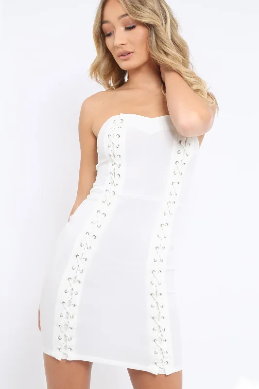 White Lace Up Front Bandeau Mini Dress - Lily