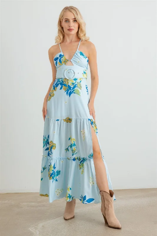 Floral Halter Neck Belted Flare Hem Maxi Dress