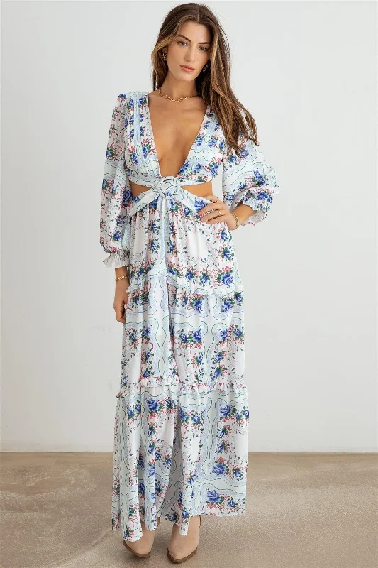 Floral Ruffle Criss-Cross Waist O-Ring  Maxi Dress