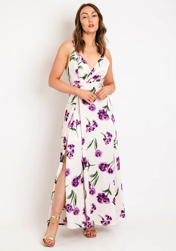 Goa Goa Jazz Satin Floral Slit Leg Maxi Dress, Orchid