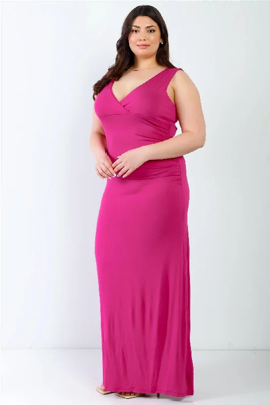 Junior Plus Fuchsia V-Neck Sleeveless Maxi Dress /3-3