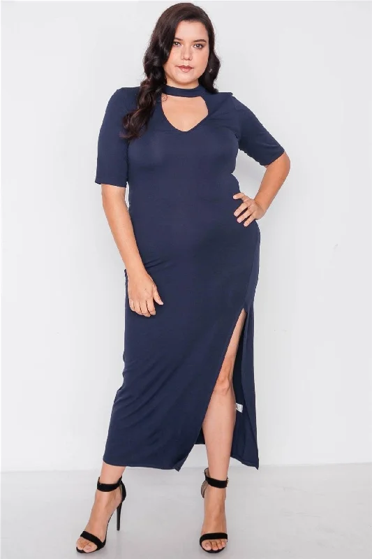 Plus Size Navy Side Slit Mock Neck Maxi Dress