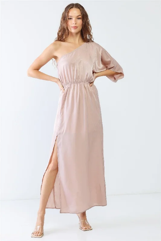 Shiny One Shoulder Batwing Sleeve Maxi Dress