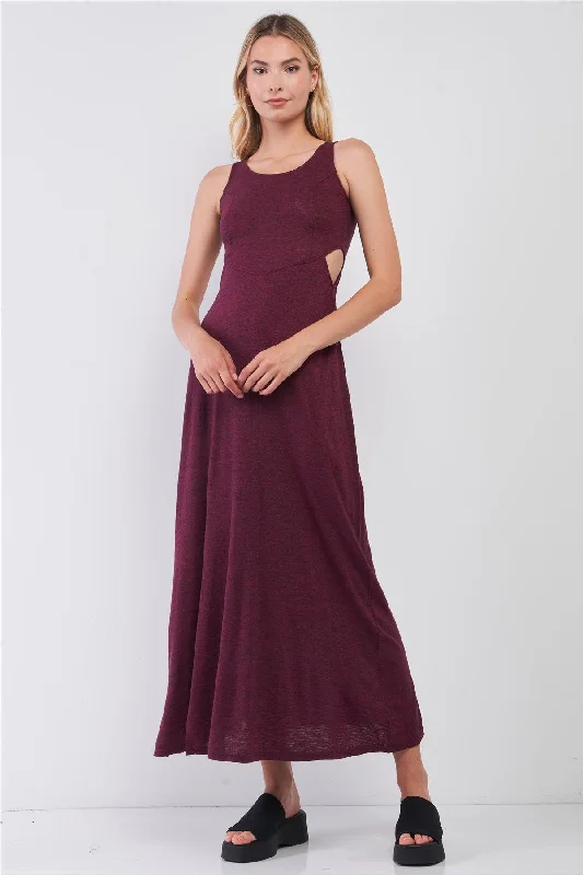 Wine Sleeveless Round Neck Crochet Back Detail Cut-Out Maxi Dress